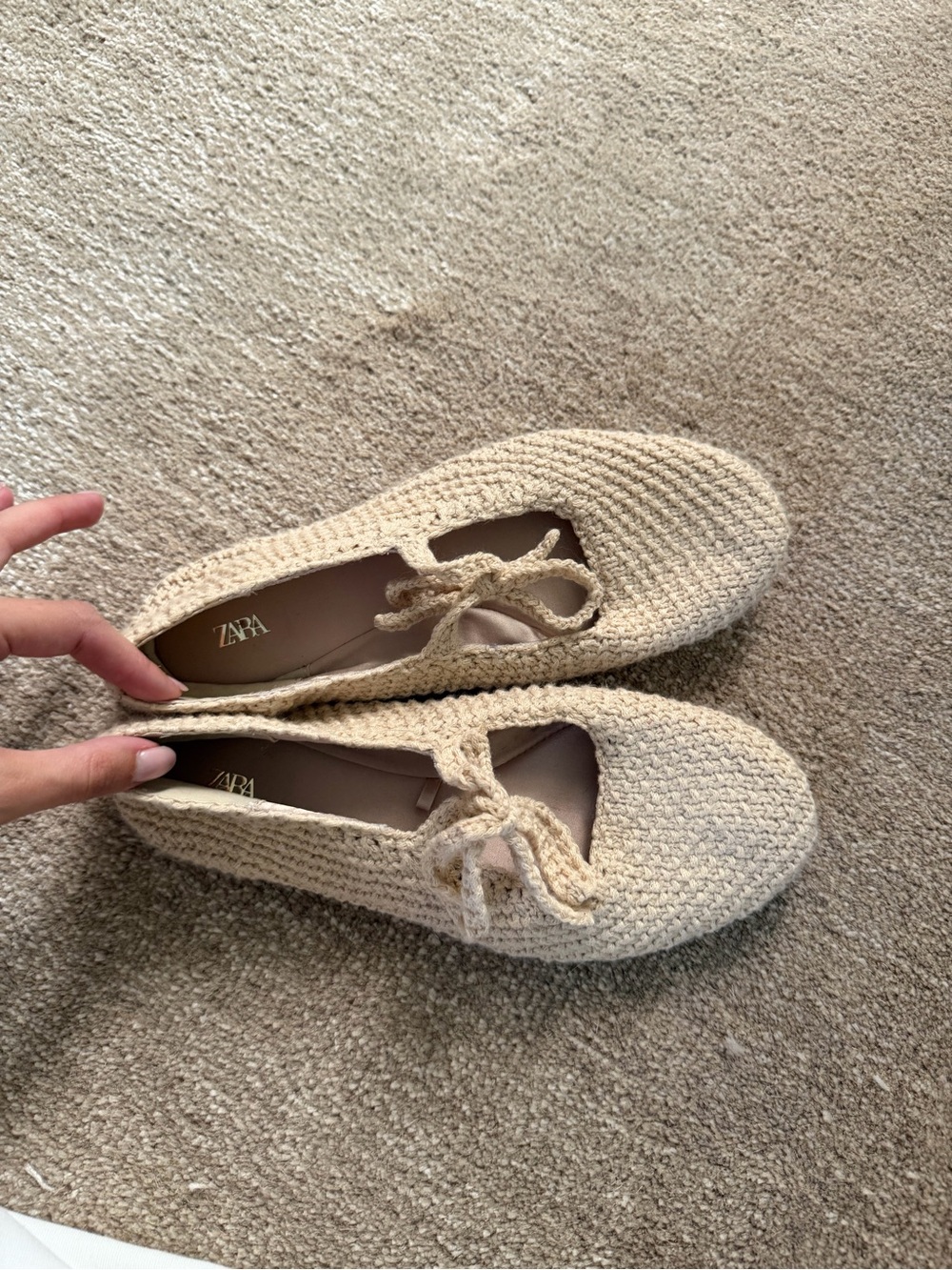 Zara Beige Crochet Tie-Front Ballet Flats